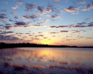 Preview wallpaper evening, water, reflection, lake, ripples, sky, decline, lilac