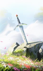 Preview wallpaper excalibur, sword, stone, grass, art