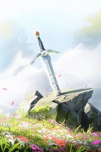 Preview wallpaper excalibur, sword, stone, grass, art