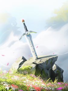 Preview wallpaper excalibur, sword, stone, grass, art