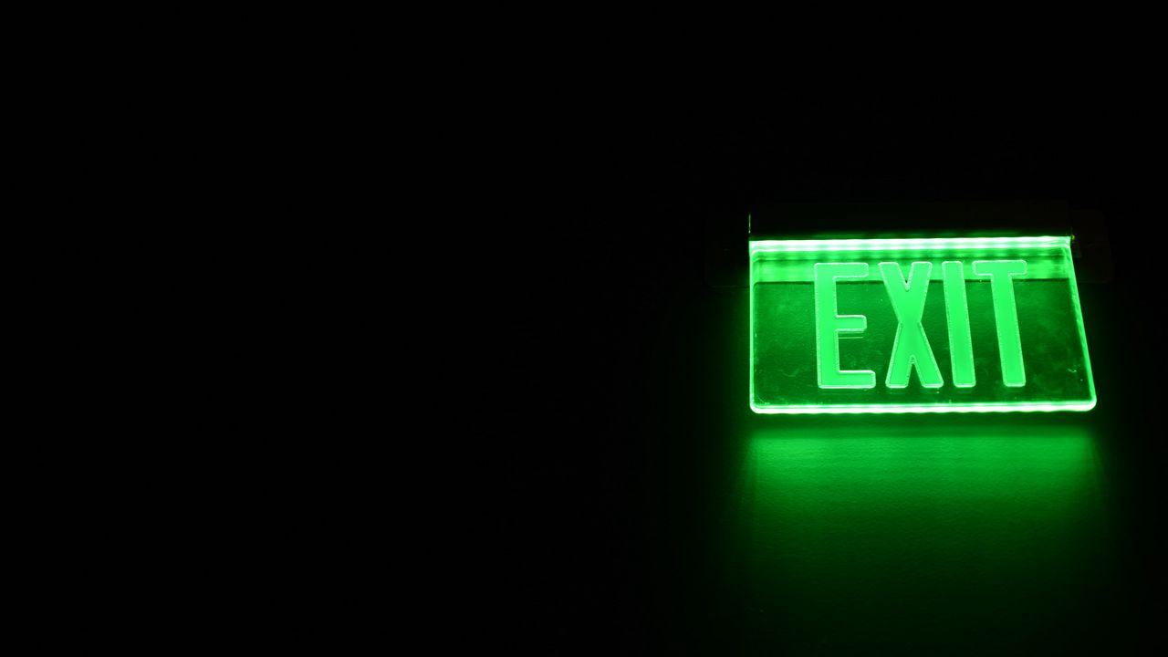 Wallpaper exit, neon, glow, darkness, green, words