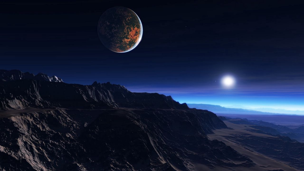 Wallpaper exoplanet atmosphere, clouds, stars, moon, mist, mountains, rocks