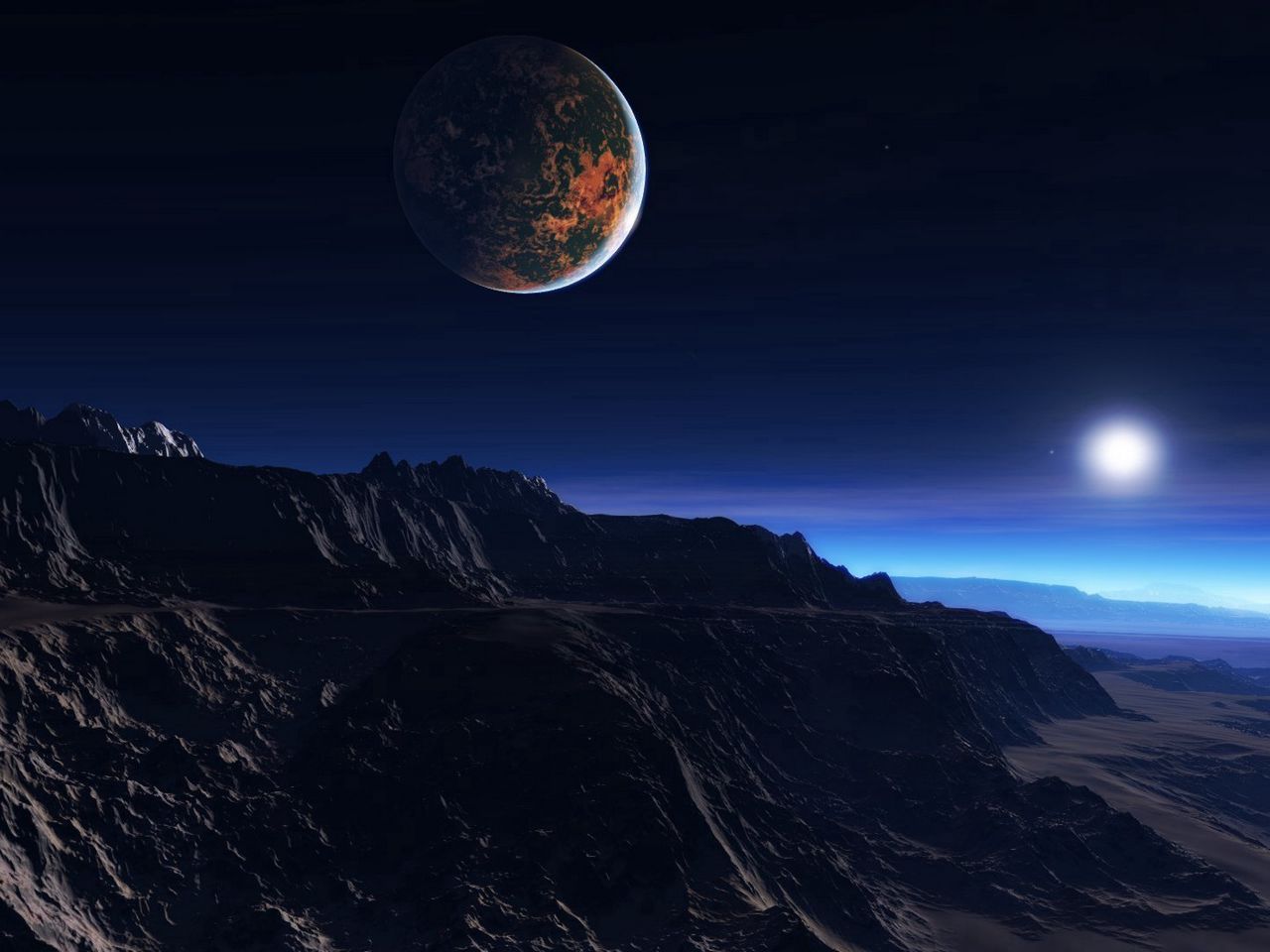 1280x960 Wallpaper exoplanet atmosphere, clouds, stars, moon, mist, mountains, rocks