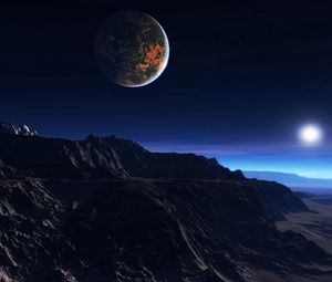 Preview wallpaper exoplanet atmosphere, clouds, stars, moon, mist, mountains, rocks