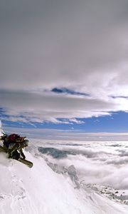 Preview wallpaper extreme, descent, vertical, snowboard, height, mountain, person