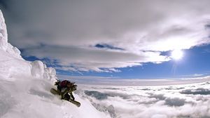 Preview wallpaper extreme, descent, vertical, snowboard, height, mountain, person