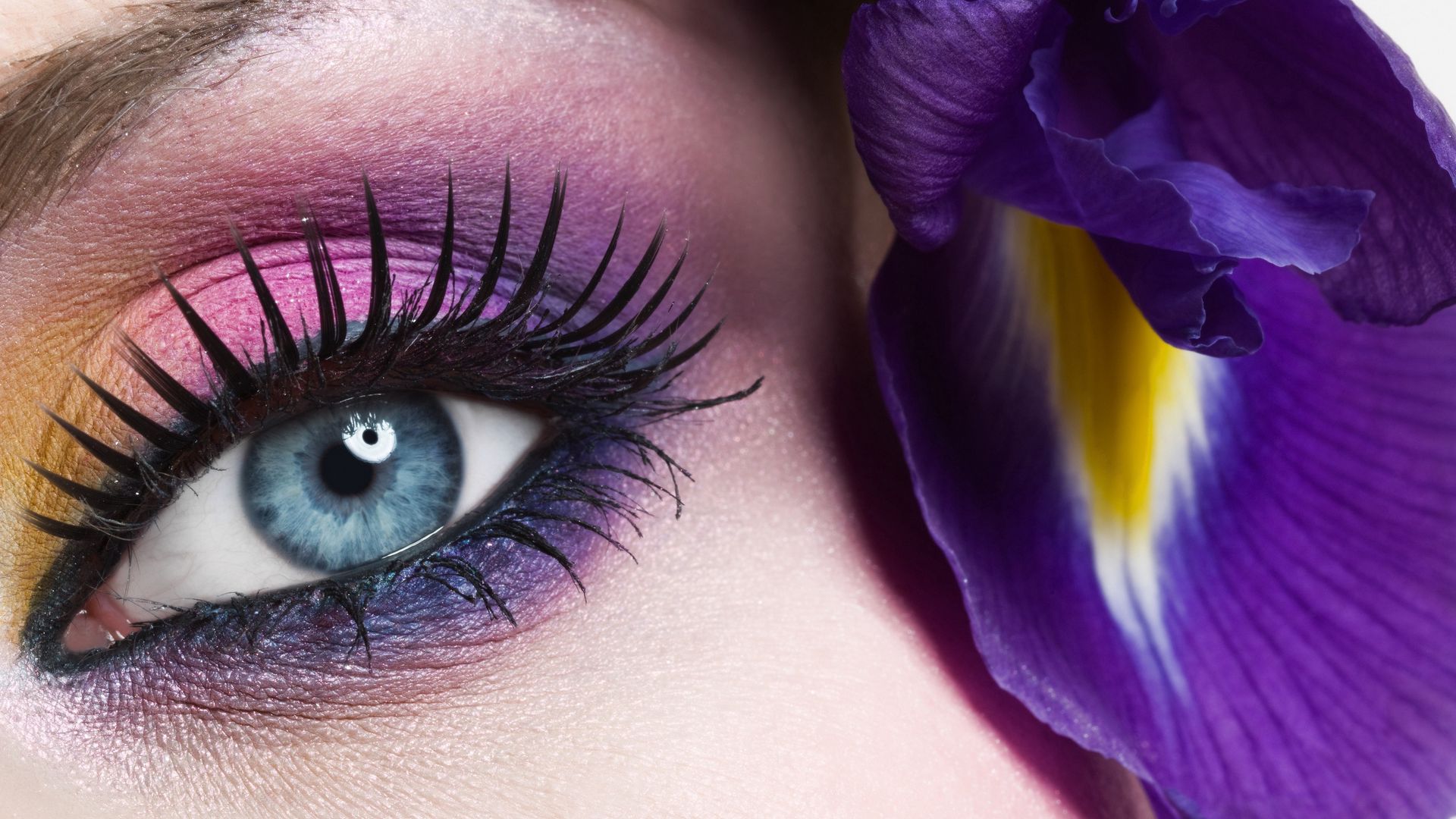 Download wallpaper 1920x1080 eye, lashes, girl, flower, pupil full hd