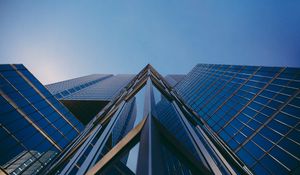 Preview wallpaper facade, building, glass, bottom view, sky