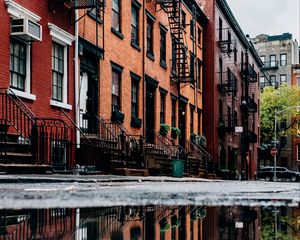 Preview wallpaper facade, building, puddle, reflection, house, windows