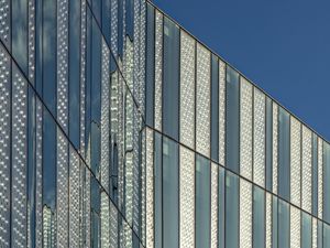 Preview wallpaper facade, building, stripes, lines, blue