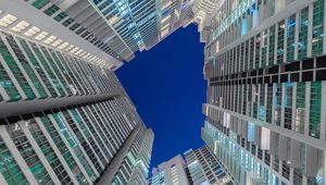 Preview wallpaper facade, buildings, bottom view, sky
