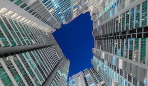 Preview wallpaper facade, buildings, bottom view, sky