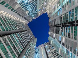 Preview wallpaper facade, buildings, bottom view, sky