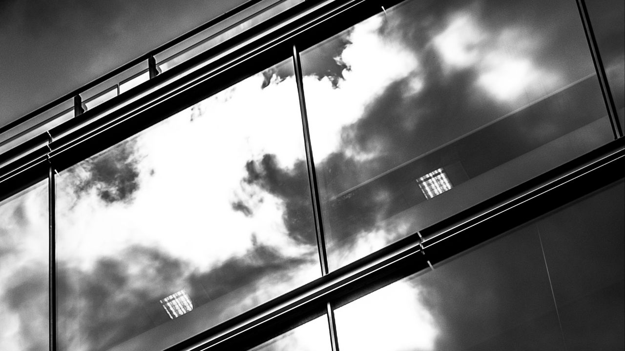 Wallpaper facade, glass, sky, reflection, bw