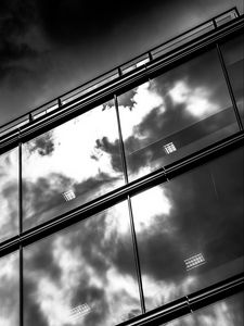 Preview wallpaper facade, glass, sky, reflection, bw