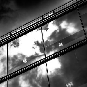 Preview wallpaper facade, glass, sky, reflection, bw