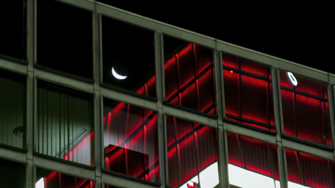 Wallpaper facade, glass, windows, building, moon, dark