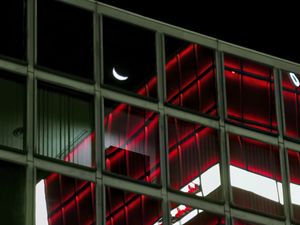 Preview wallpaper facade, glass, windows, building, moon, dark