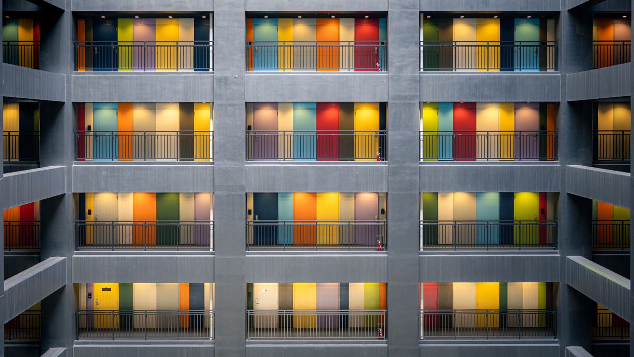 Wallpaper facade, multi-colored, doors