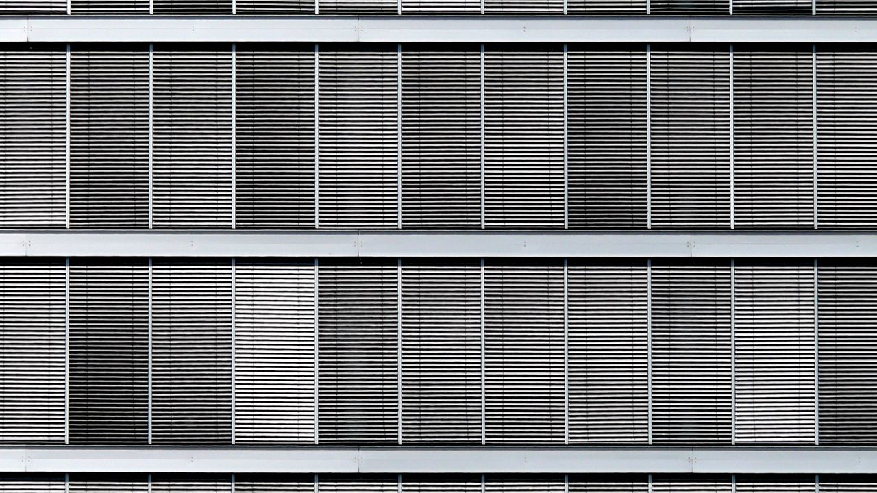 Wallpaper facade, windows, blinds, building, black and white