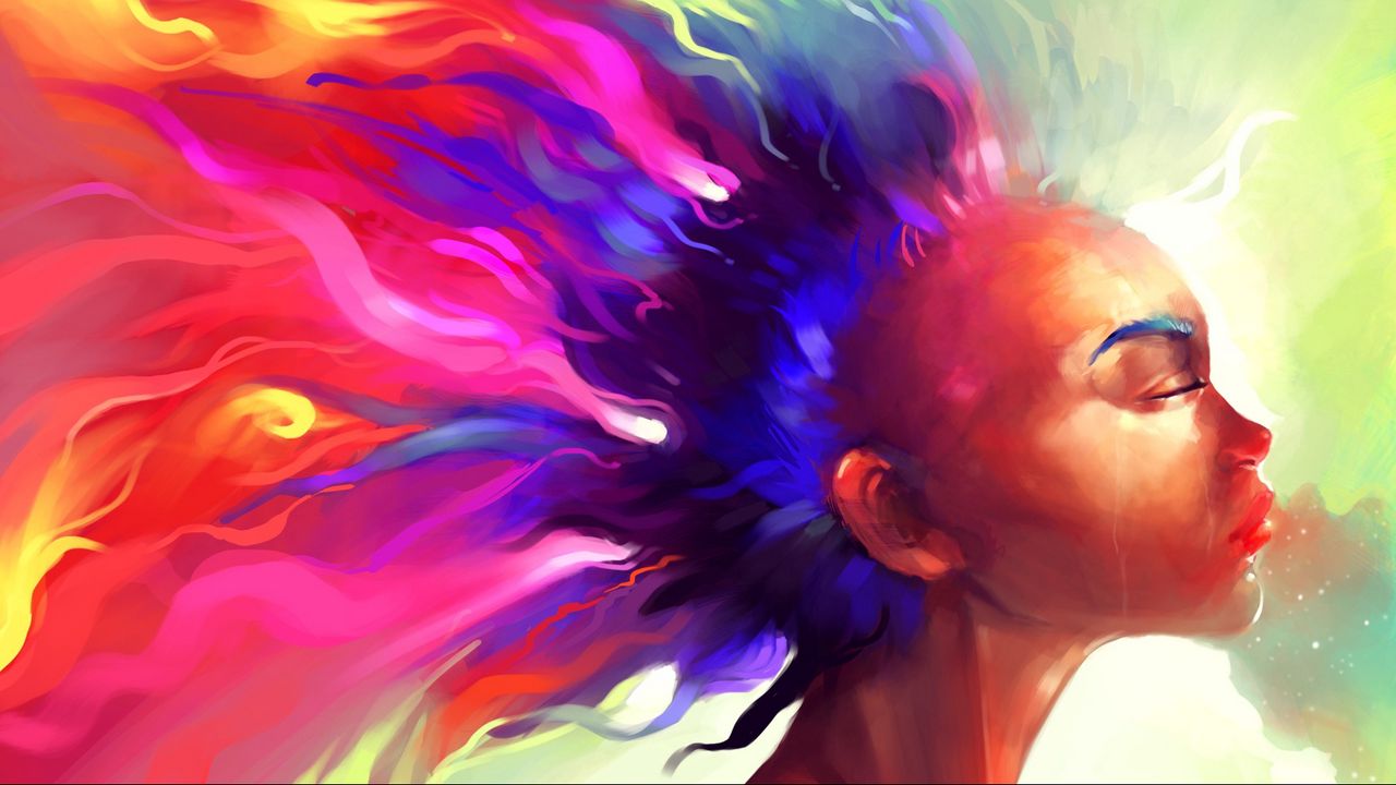 Wallpaper face, hair, paint, colorful, abstract