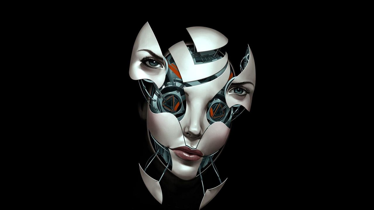 Wallpaper face, robot, connection, broken, dark background
