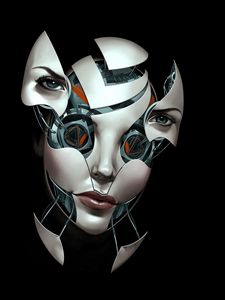 Preview wallpaper face, robot, connection, broken, dark background