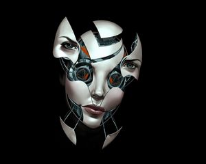 Preview wallpaper face, robot, connection, broken, dark background