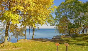 Preview wallpaper fall, canadian shore, meadow, benches, landscape