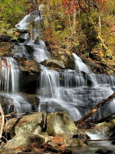 Preview wallpaper falls, cascades, wood, leaves, trees, stones