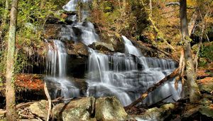 Preview wallpaper falls, cascades, wood, leaves, trees, stones