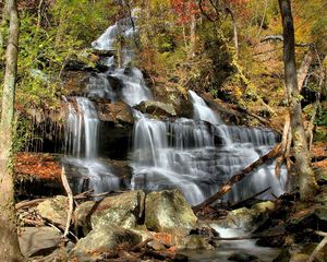 Preview wallpaper falls, cascades, wood, leaves, trees, stones