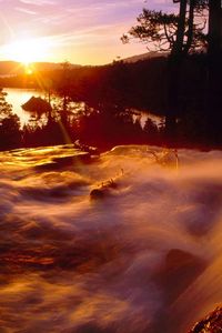 Preview wallpaper falls, current, stream, evening, sun, horizon, outlines