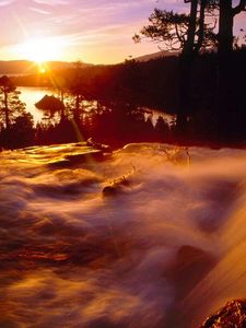 Preview wallpaper falls, current, stream, evening, sun, horizon, outlines