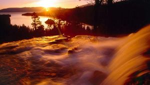 Preview wallpaper falls, current, stream, evening, sun, horizon, outlines