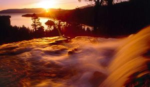 Preview wallpaper falls, current, stream, evening, sun, horizon, outlines