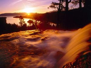 Preview wallpaper falls, current, stream, evening, sun, horizon, outlines