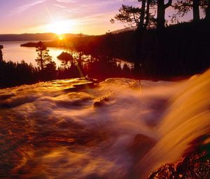 Preview wallpaper falls, current, stream, evening, sun, horizon, outlines