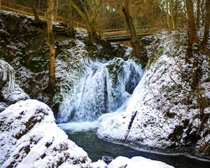 Preview wallpaper falls, germany, byukhel, bridge, snow, wood