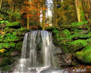 Preview wallpaper falls, moss, stream, vegetation, stones