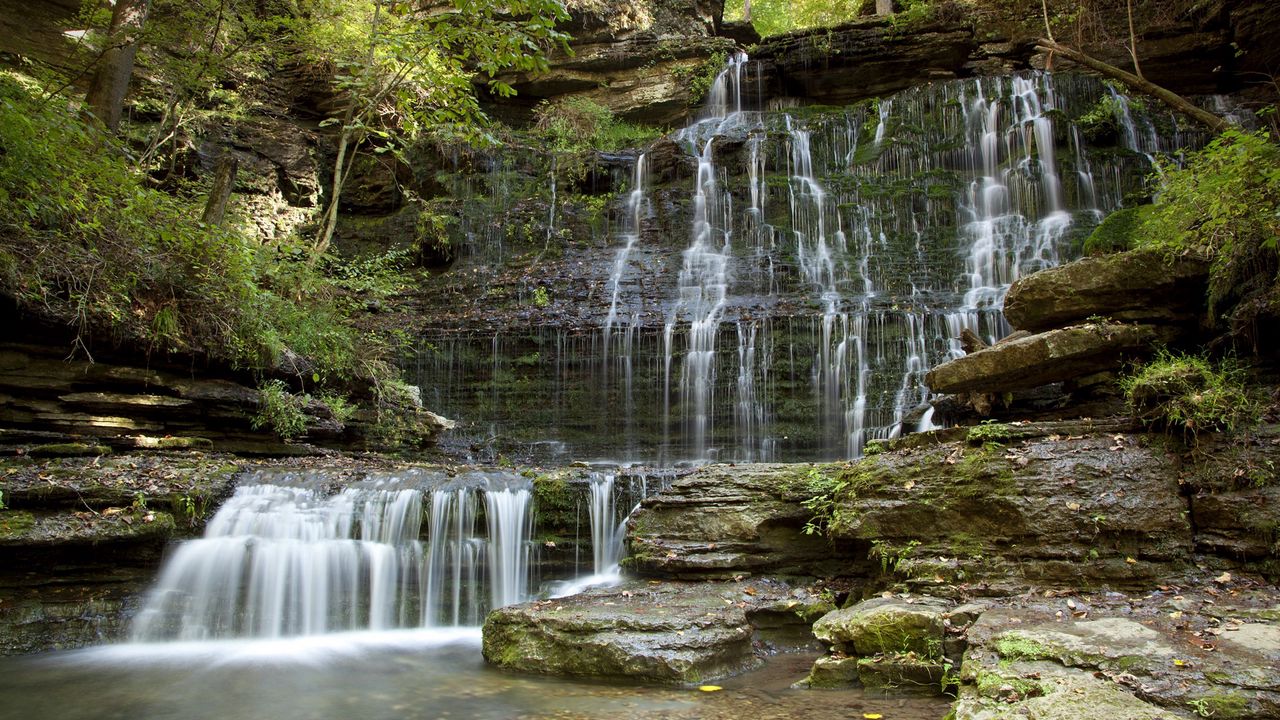 Wallpaper falls, plates, streams, wall, stones, layered, rocks