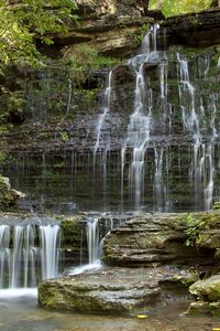 Preview wallpaper falls, plates, streams, wall, stones, layered, rocks