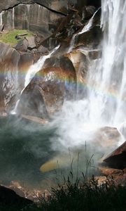 Preview wallpaper falls, rainbow, stones, stream, splashes, light, clearly