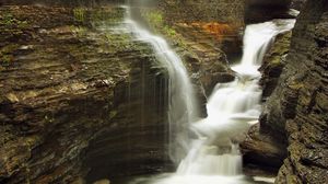 Preview wallpaper falls, rocks, gorge, moss, water, stream, dampness, humidity