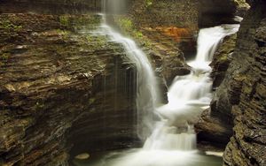 Preview wallpaper falls, rocks, gorge, moss, water, stream, dampness, humidity
