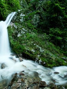 Preview wallpaper falls, rocks, mountains, greens, wood, stream, stones