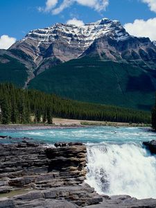 Preview wallpaper falls, rocks, mountains, trees, current, wood, canada