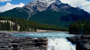 Preview wallpaper falls, rocks, mountains, trees, current, wood, canada