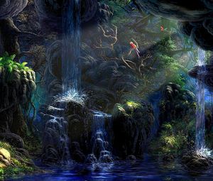 Preview wallpaper falls, rocks, vegetation, parrot, night, art