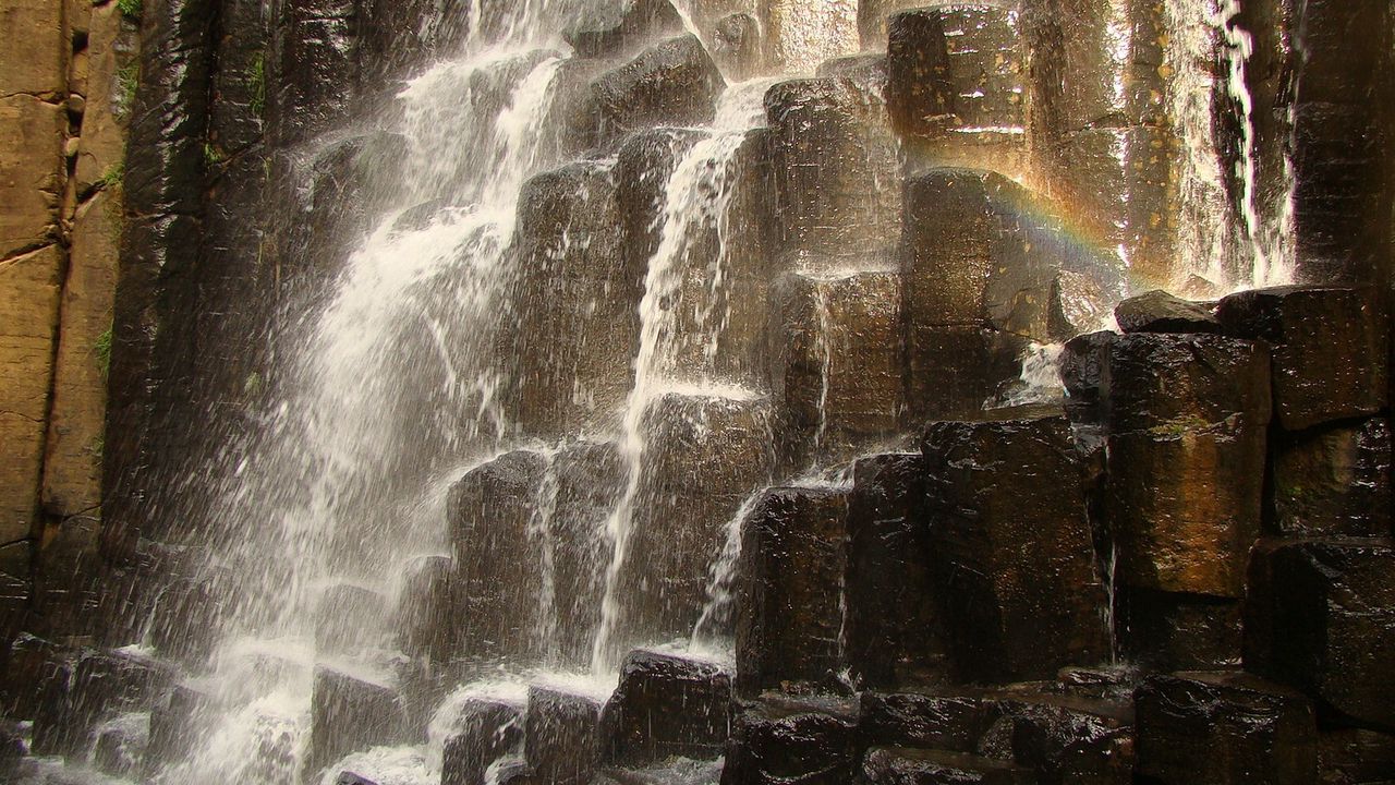 Wallpaper falls, stones, splashes, rainbow, rocks, noise, murmur